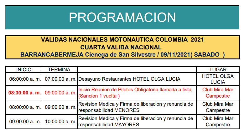 PROGRAMACION IV VALIDA NACIONAL MOTONAUTICA BARRANCABERMEJA 11 SEPT.