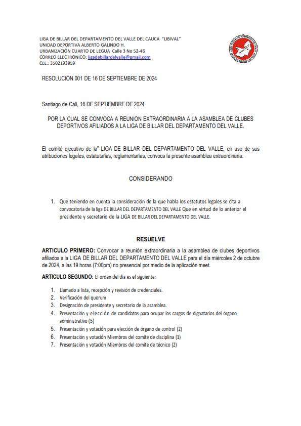 REUNION EXTRAORDINARIA A LA ASAMBLEA DE CLUBES DEPORTIVOS AFILIADOS A LA LIGA DE BILLAR DEL DEPARTAMENTO DEL VALLE